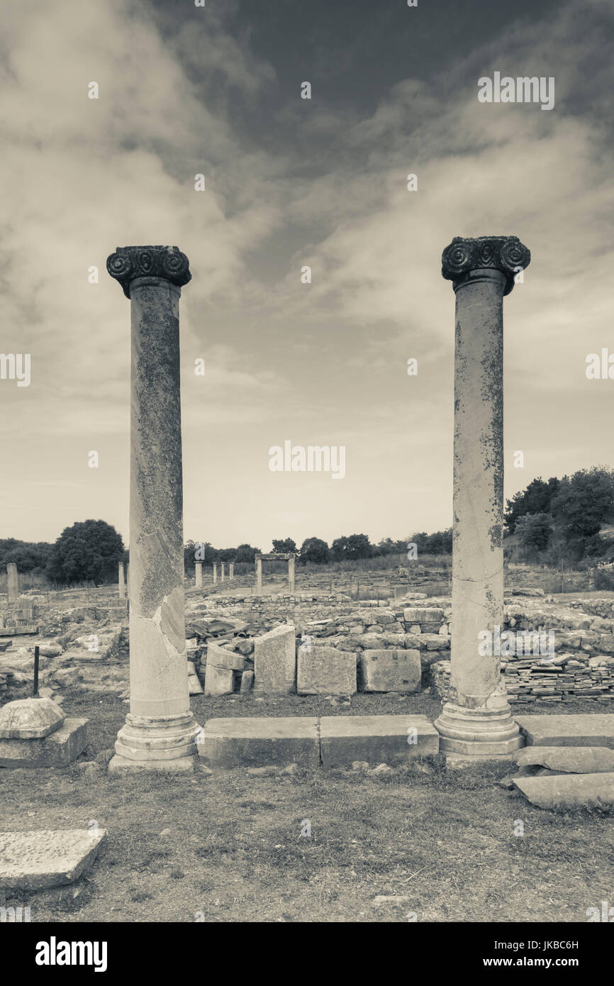 Griechenland, OstMazedonien und Thrace Region, Philippi, Ruinen der antiken Stadt 360 v. Chr. gegründet, Blick auf das Forum Stockfoto