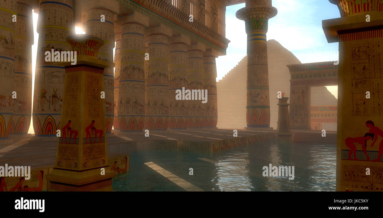 Ägyptische Hieroglyphen schmücken die Wände, Bögen und Säulen dieses ägyptische Badewanne auf der gisa Plateau in der Nähe der Pyramiden. Stockfoto