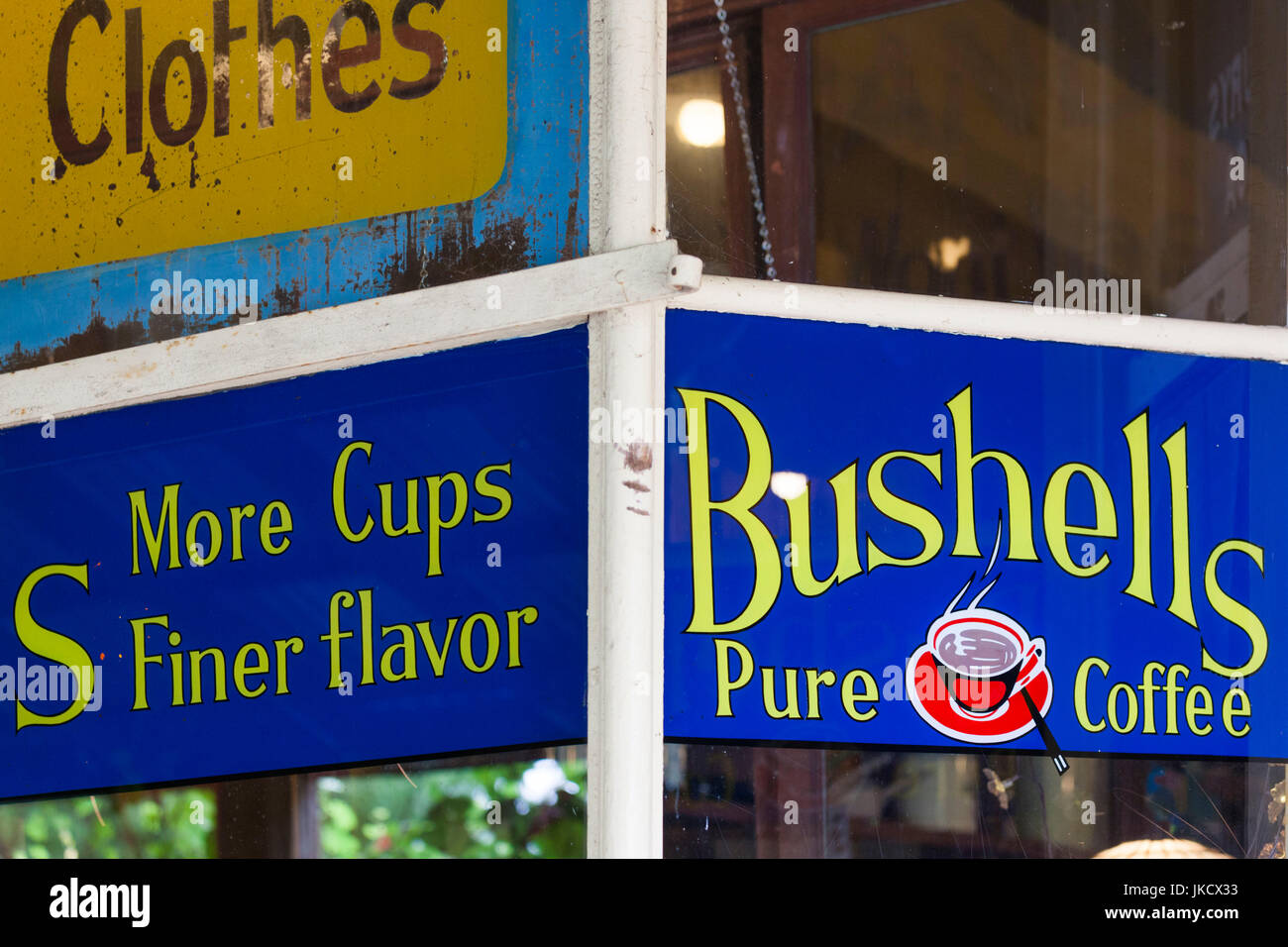 Australien, Victoria, VIC, Daylesford, des Cliffy, beliebtes Restaurant, Fensterdetail Stockfoto