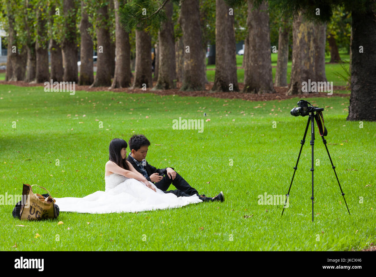 Australien, Victoria, VIC, Melbourne, East Melbourne, Fitzroy Gardens, japanische paar Pose für Braut Foto, NR Stockfoto