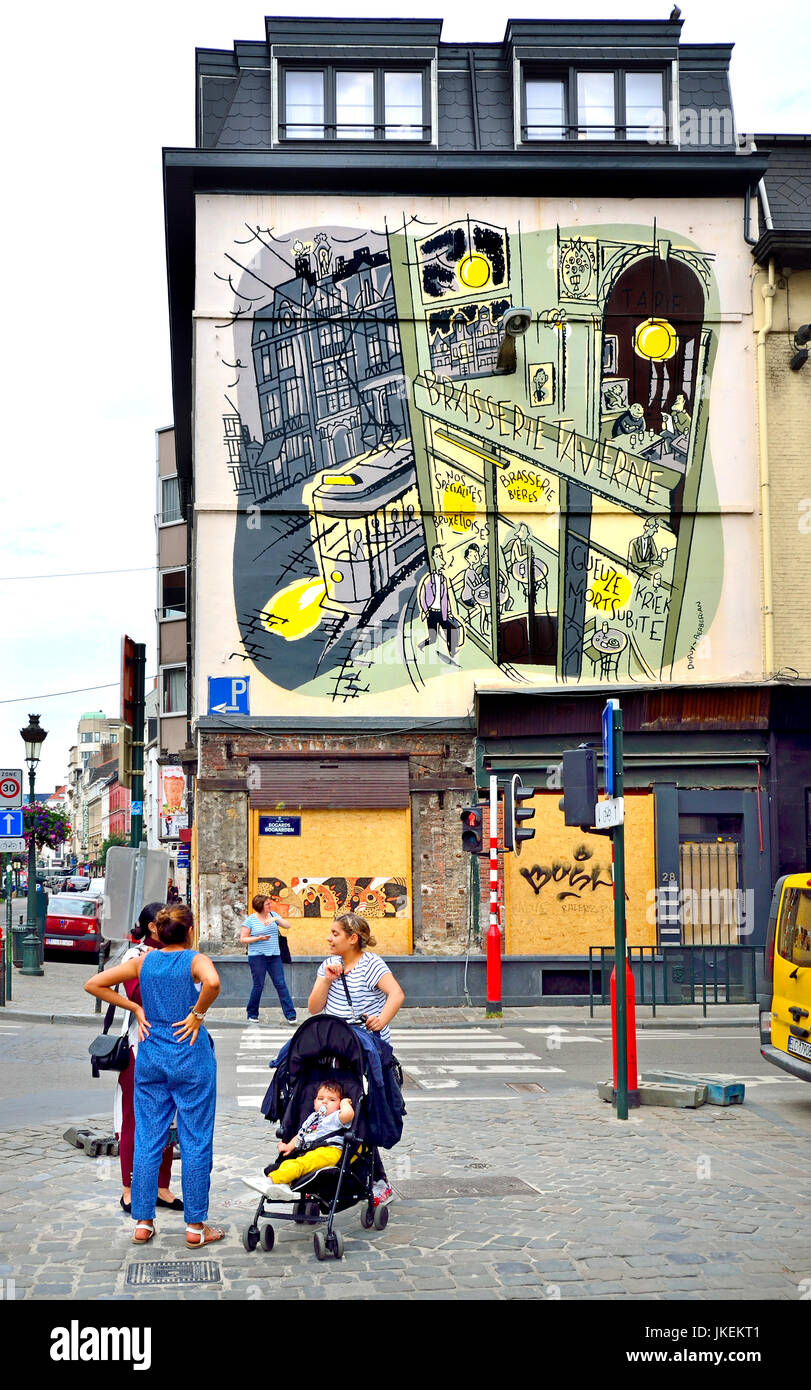Brüssel, Belgien. Wandbild auf der Comic-Buch-Route: "Monsieur Jean" (Dupuy und Berberian, 2002) an der Ecke der Rue des Bogards und Rue du Midi / Bogar Stockfoto