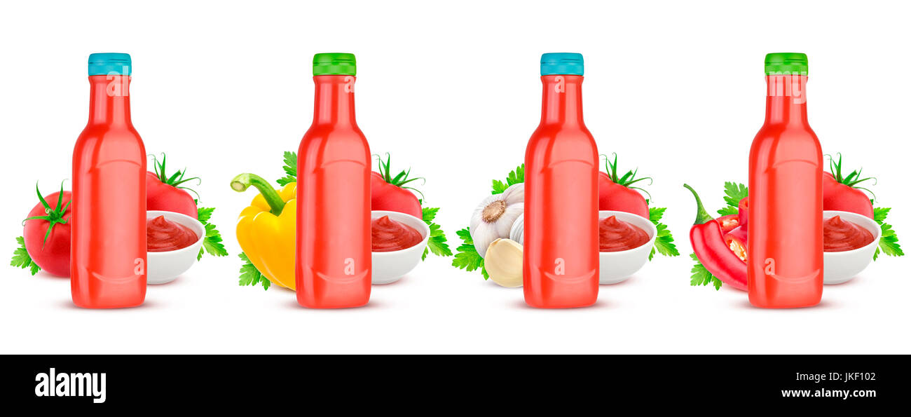Tomaten-Ketchup-Flasche isoliert auf weißem Hintergrund Stockfoto