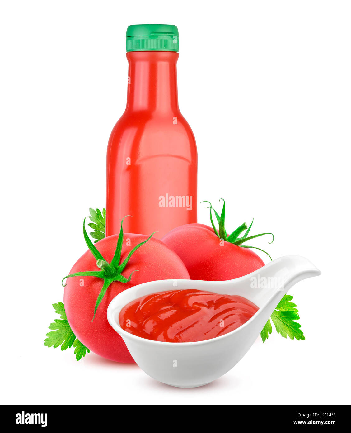 Tomaten-Ketchup-Flasche und frischen Tomaten isoliert auf weißem Hintergrund Stockfoto