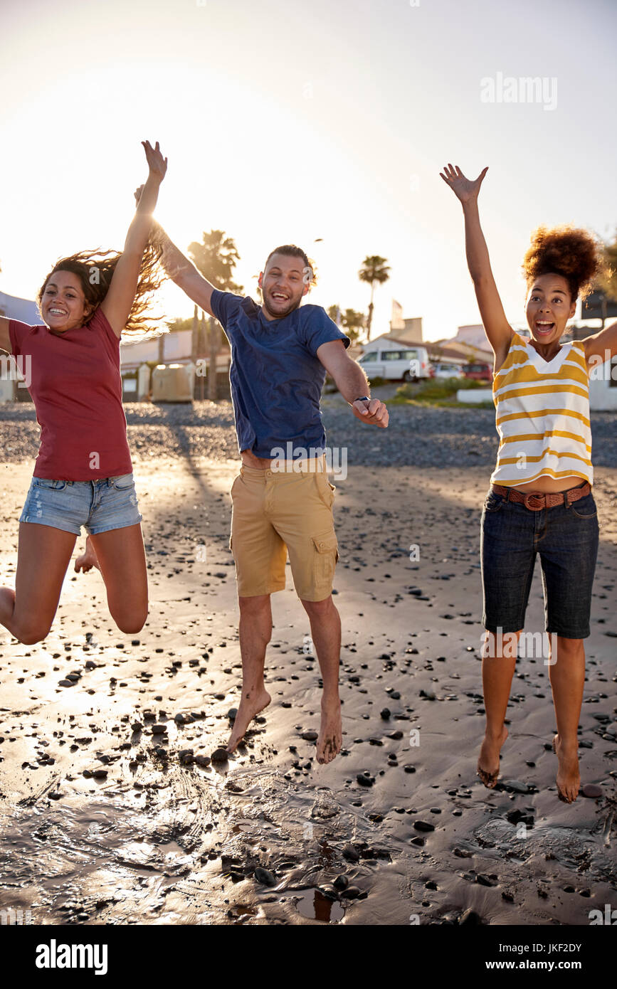 Gerne Freunde springen in die Luft am Strand Stockfoto