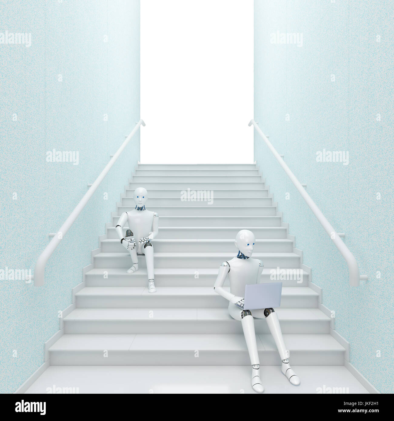 Roboter sitzt auf der Treppe mit Laptop, 3D-Rendering Stockfoto