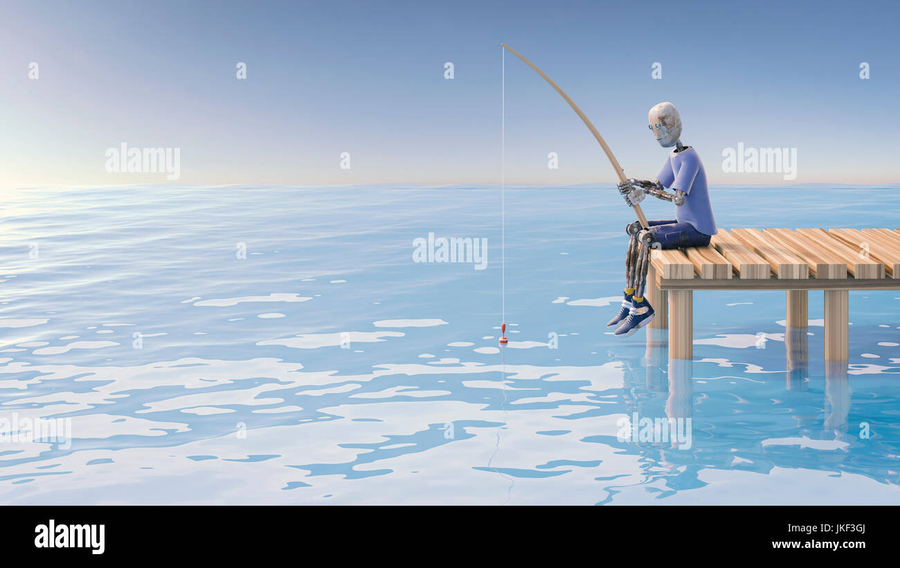 Roboter Angeln am Bootssteg, 3D-Rendering Stockfoto