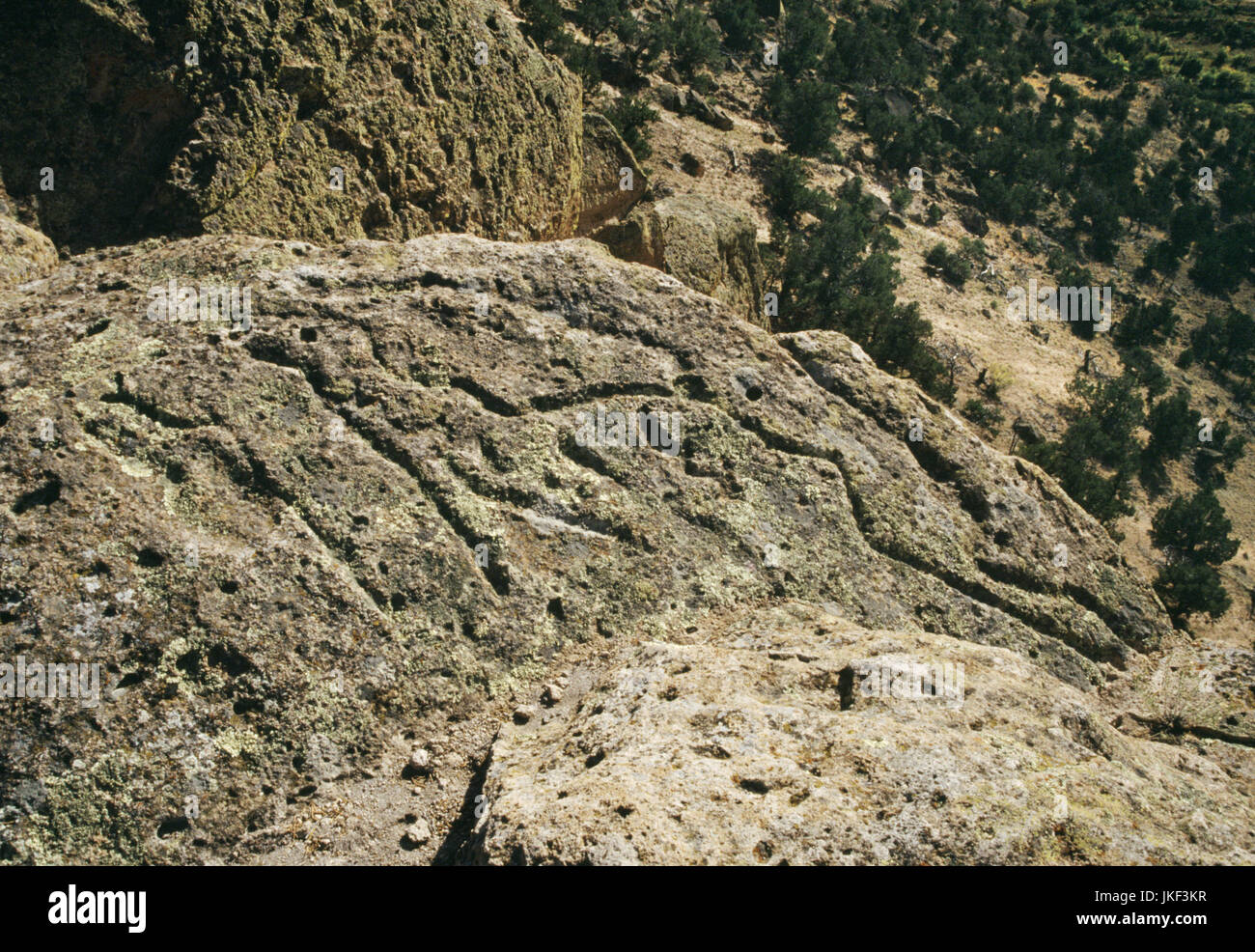 Felsen-Kunst/Petroglyphen bei Tsi Ping ruiniert Pueblo, MGH, Abiquiu, Rio Arriba County, New Mexico, USA. Schlange oder Wasser Symbole pickte in den Tuff-Felsen Stockfoto