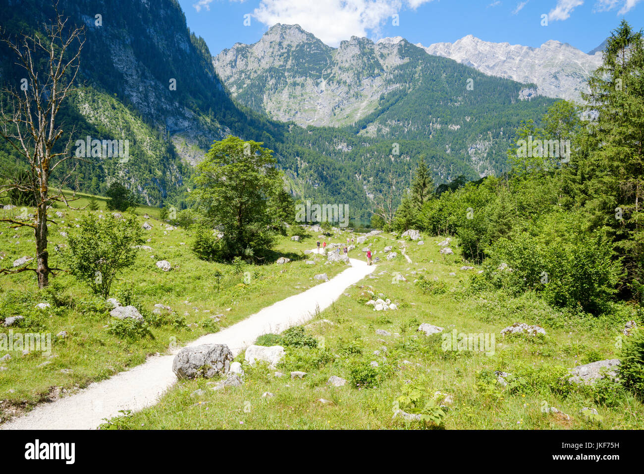 Wanderer auf dem Fußweg zwischen den Königssee und Obersee Seen, Upper Bavaria, Bayern, Deutschland, Europa Stockfoto