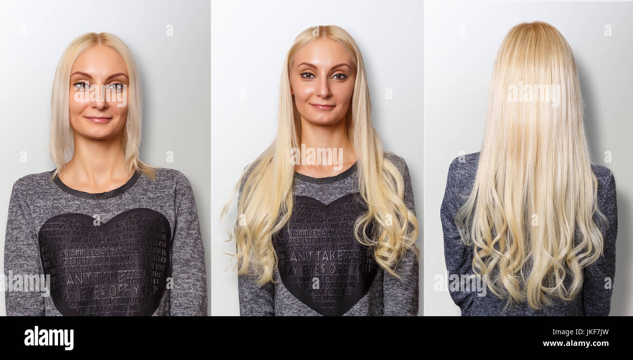 Haar-Extensions-Verfahren. Haare vor und nach. Stockfoto
