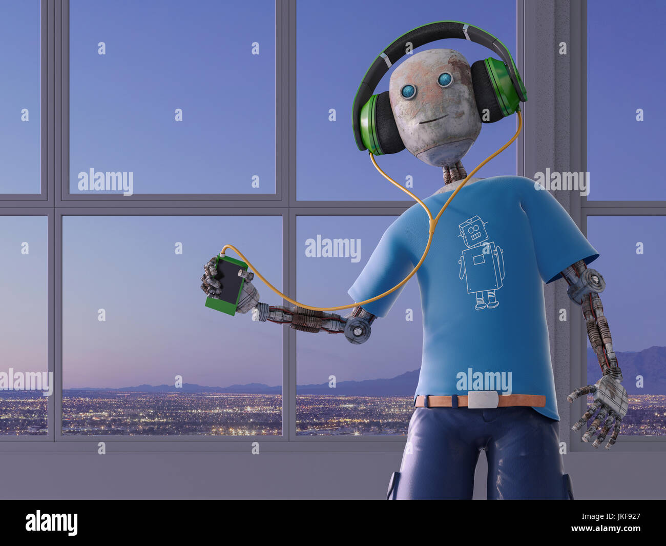 Roboter Hören von Musik über Kopfhörer, 3D-Rendering Stockfoto