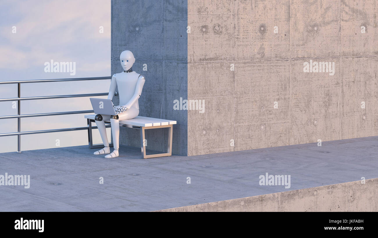 Roboter sitzt auf der Bank, mit Laptop Stockfoto