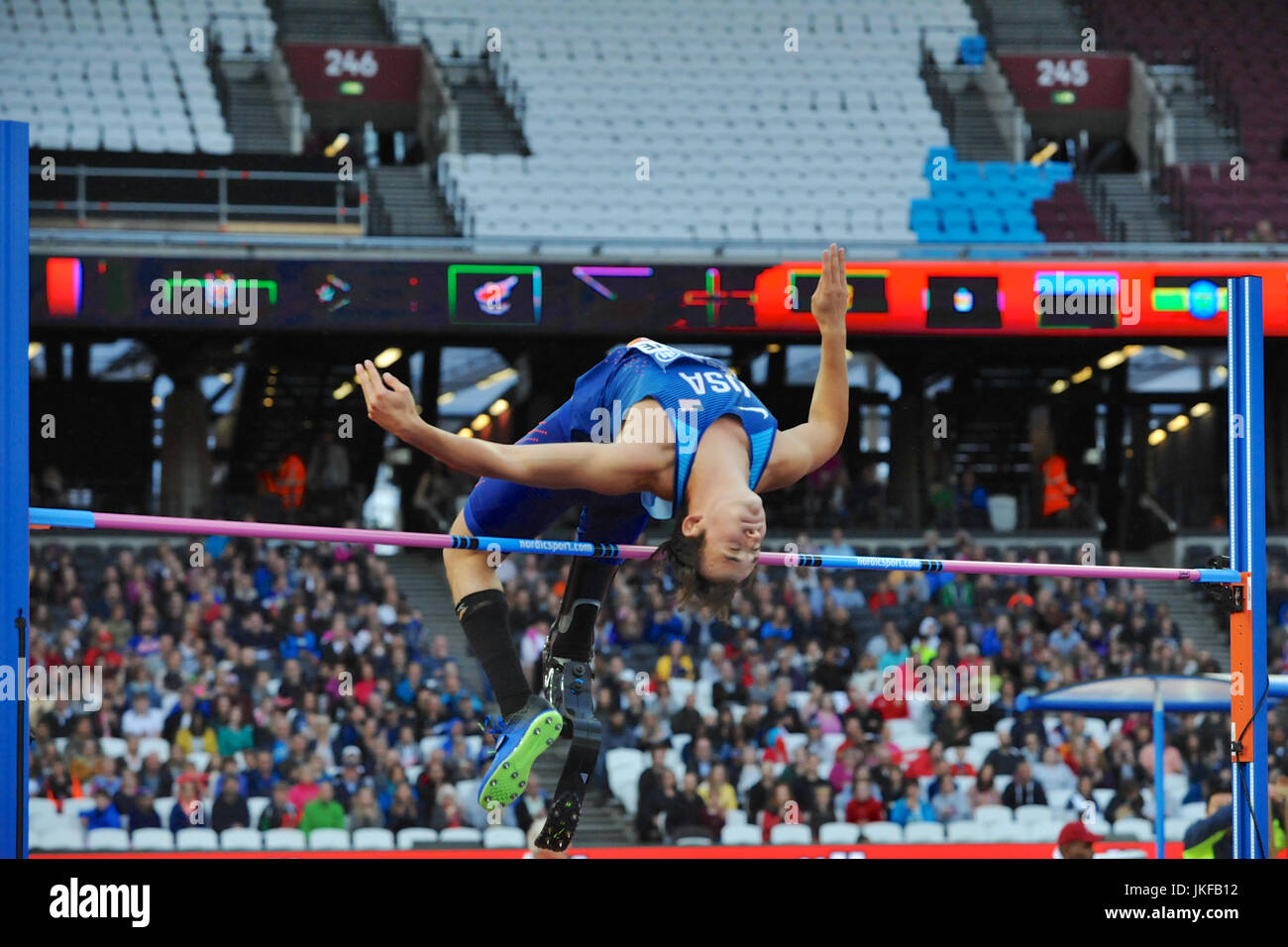 London, UK. 22. Juli 2017. Sam Crewe (USA) versucht, die Bar klar, wie er die Männer Hochsprung T42 Finale bei der WM Para Leichtathletik im Stadion London, Queen Elizabeth Olympic Park springt.  Crewe gewann die Goldmedaille im Wettbewerb mit einem Sprung bis zu einer Höhe von 1,86 m einen neuen WM-Rekord.  Crewe hält auch den Weltrekord für die Veranstaltung, die derzeit bei 1,96 m. Bildnachweis: Michael Preston/Alamy Live-Nachrichten Stockfoto