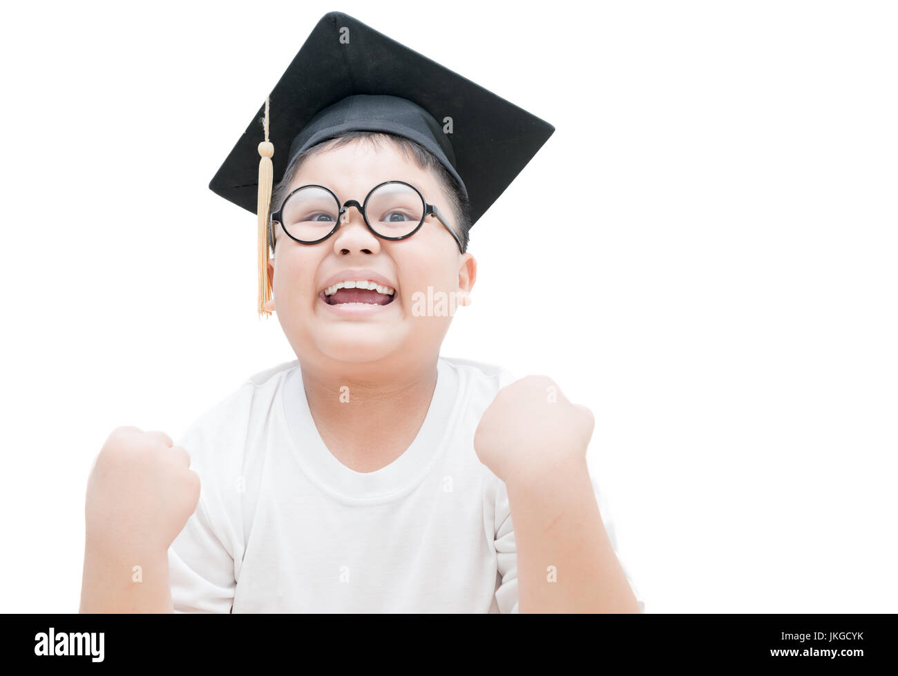 Glücklich und sehr froh, dass asiatische Kind Schulabsolvent Graduation cap isoliert auf weißem Hintergrund Stockfoto