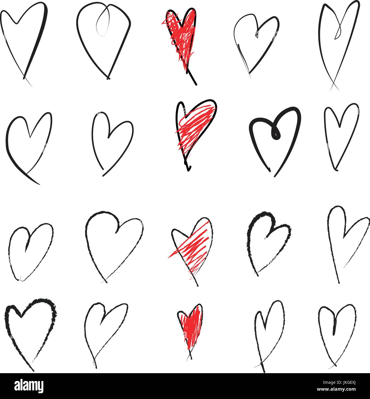 Eine Kollektion von 20 handgezeichneten Herzen mit schwarzen Umrissen und leuchtend roten Füllungen, die künstlerische Einfachheit und Charme zeigen. Stock Vektor