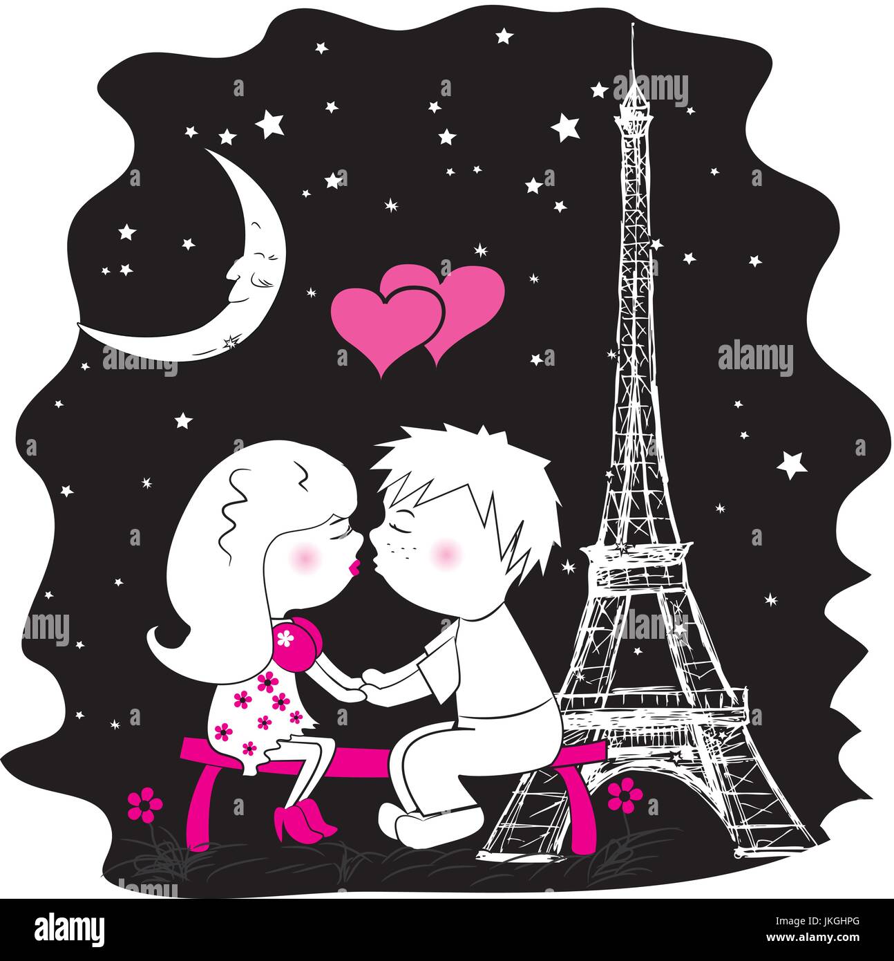männliche und weibliche Liebhaber Küssen auf einer Bank in der Nacht, Paris Eiffelturm, Vektor-illustration Stock Vektor