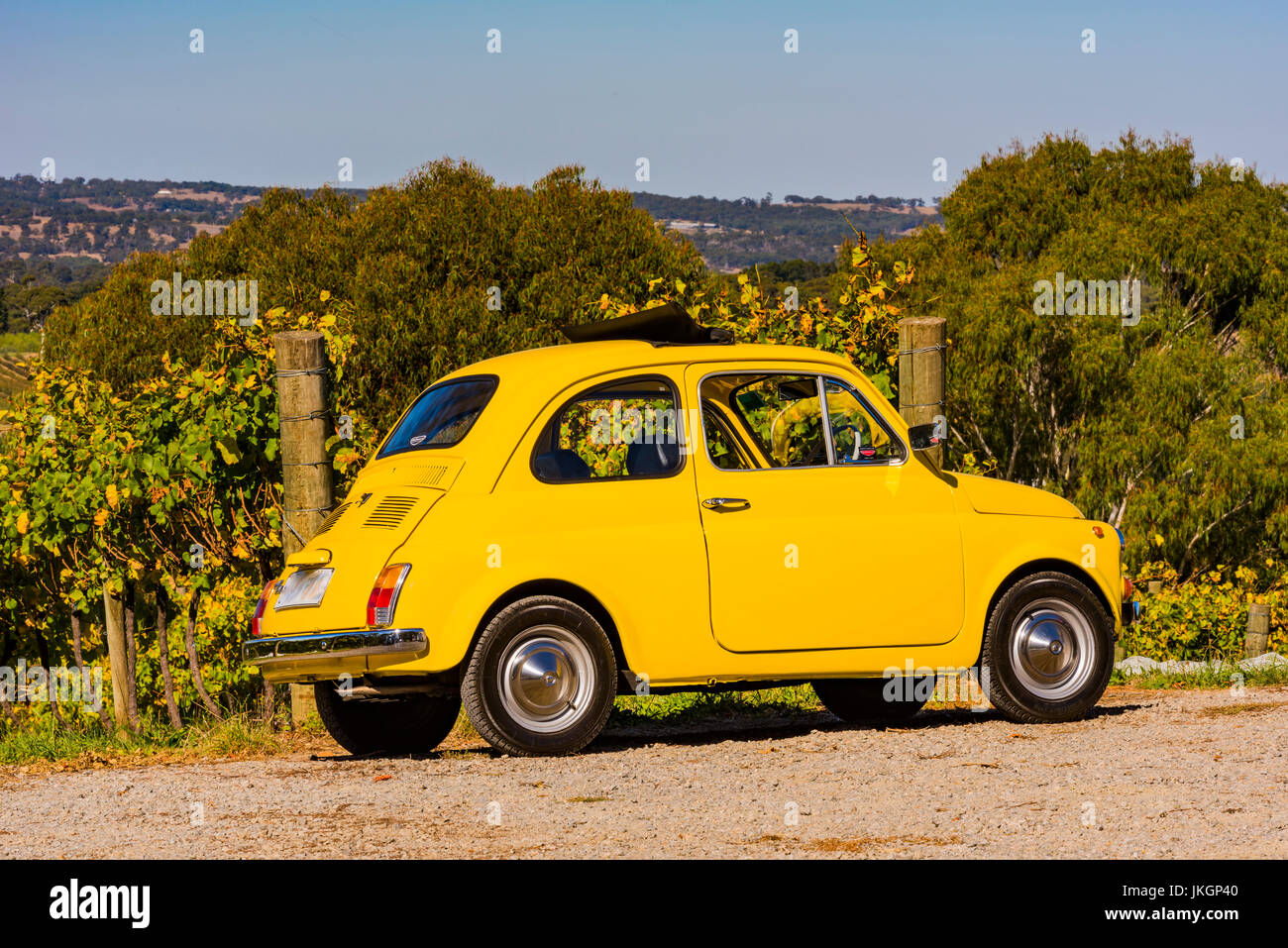 Gelbes Auto geparkt vor einer Reihe von Weinreben in den Adelaide Hills in South Australia Stockfoto