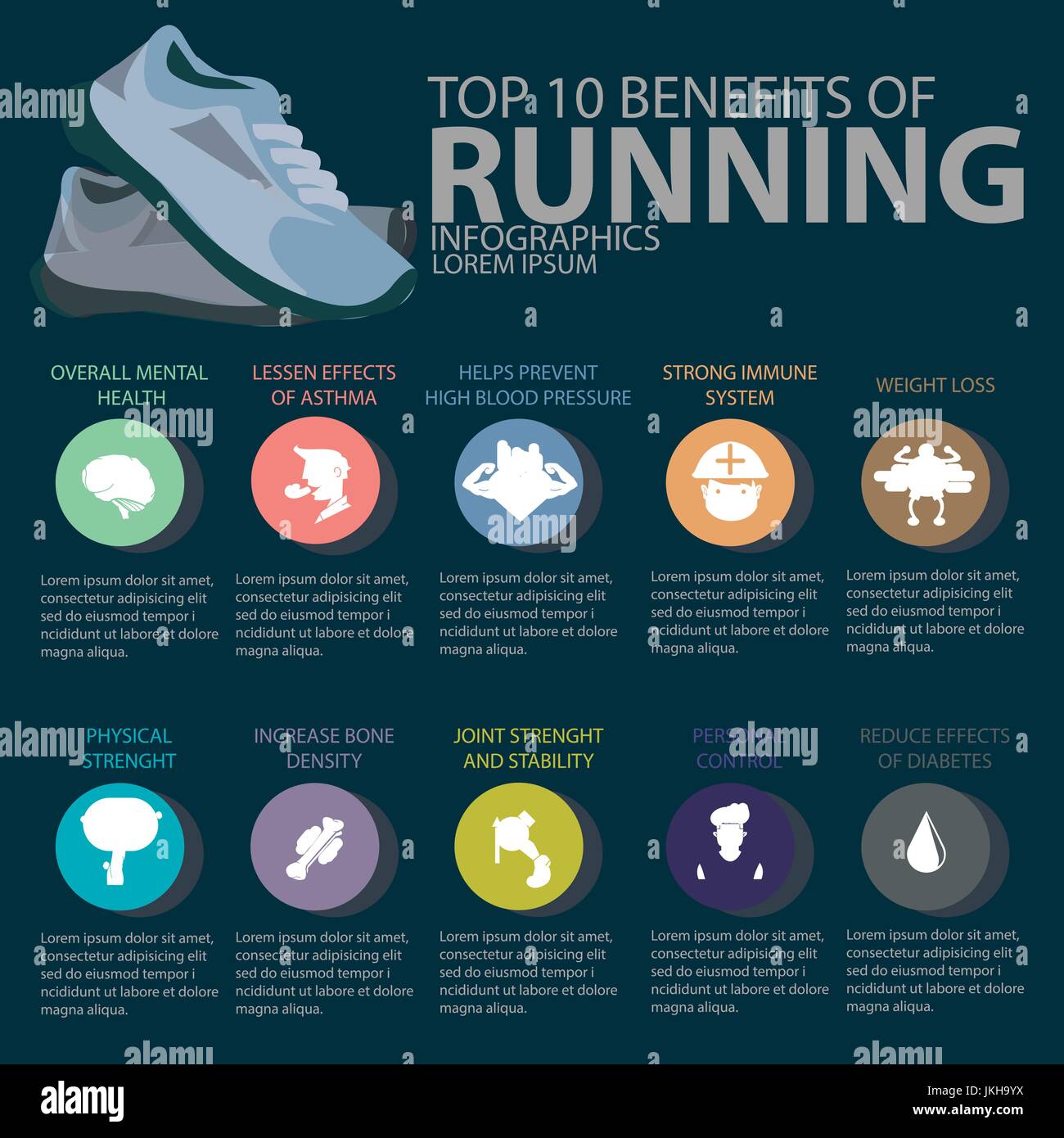 Laufen jogging Cardio Übung Infografiken set mit Laufschuhen. Die Vorteile  des Joggen Übung Infografiken. Menschliche Gesundheit Objekte  Vektor-Stil-Ikone Stock-Vektorgrafik - Alamy