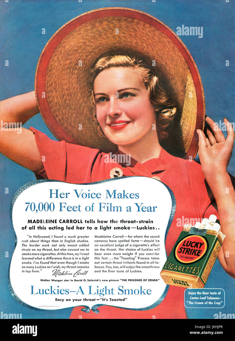 1937 USA Werbung für Lucky Strike Zigaretten, mit Hollywood-Schauspielerin Madeleine Carroll. Stockfoto