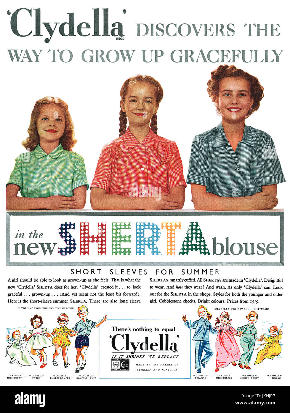 1955 britische Werbung für Clydella Kinder Bekleidung. Stockfoto
