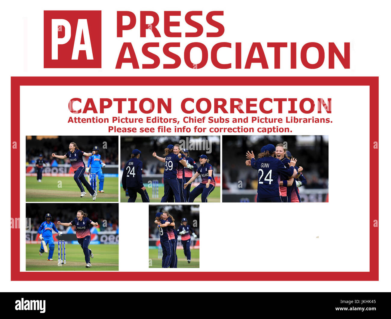 Editoren Hinweis ändern WICKET zu Indiens DEEPTI SHARMA Bilder wird sein RE übertragen mit richtigen Beschriftung Englands Anya Shrubsole feiert das Wicket Indiens Deepti Sharma während der ICC-Frauen WM-Finale im Lord, London. Stockfoto