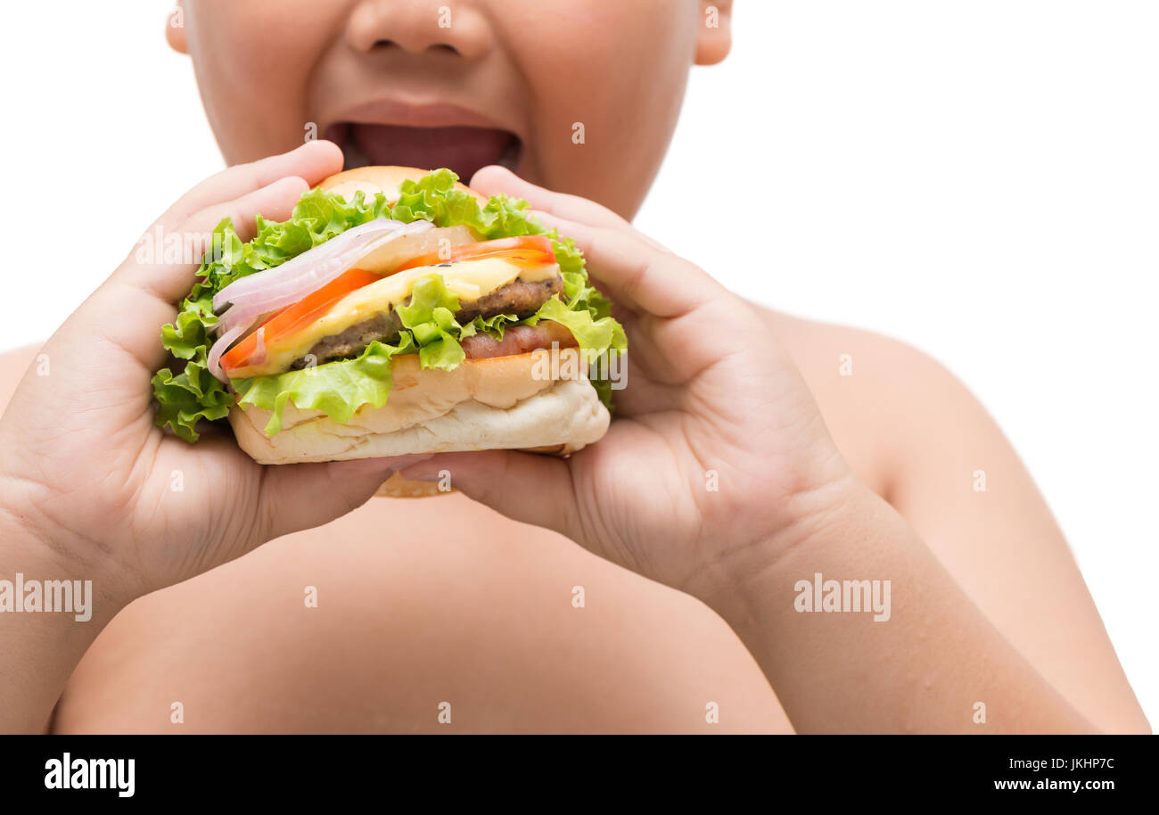 Hausgemachte Schweinefleisch Hamburger übergewichtige Dicke Hand, Konzept Junk-Food und Ernährung Stockfoto