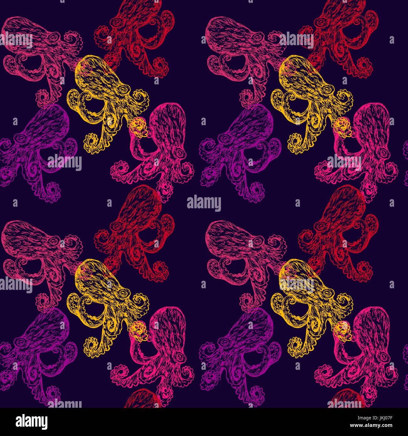 Octopus, nahtlose Muster Design, Hand gezeichnet Doodle, Skizze im Pop Art Stil, Farbe Abbildung, Rosa und Gelb auf dunkelblauem Hintergrund Stockfoto