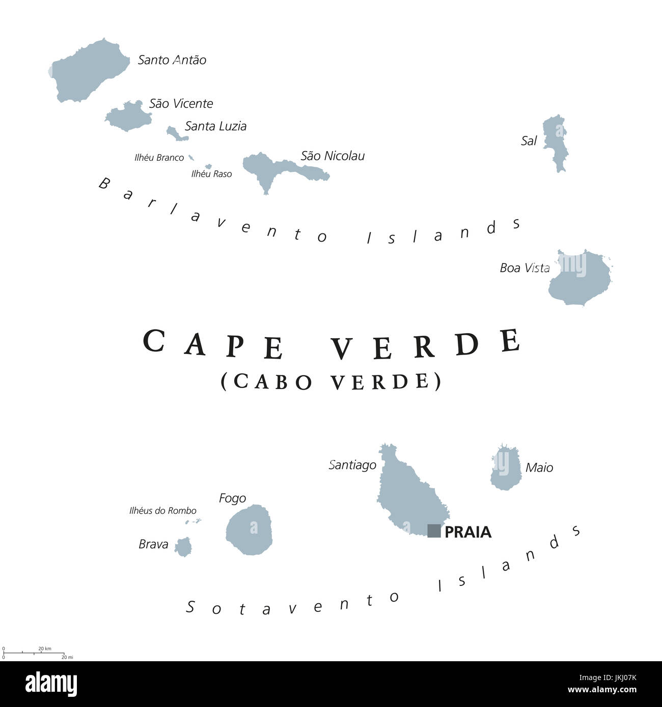 Kap Verde politische Karte mit Hauptstadt Praia. Republik und Insel Land im zentralen Atlantik vor der Küste Westafrikas. Graue Abbildung Stockfoto