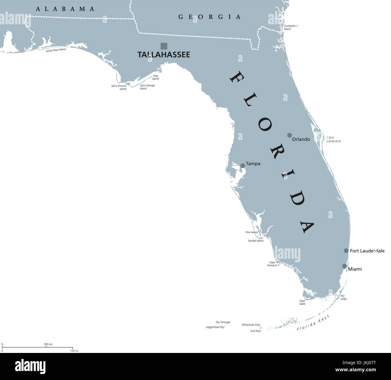 Florida politische Karte mit Hauptstadt Tallahassee. Geben Sie in der südöstlichen Region der Vereinigten Staaten, grenzt an den Golf von Mexiko. Abbildung. Stockfoto