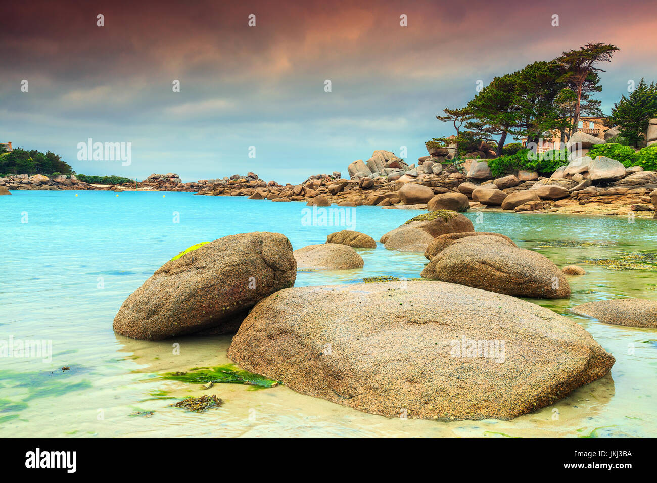 Atemberaubende Felsenstrand mit rosa Granitsteinen und wunderschönen grünen Gärten an der Küste Ploumanach, Perros-Guirec, rosa Granit Küste, Bretagne, Franken Stockfoto