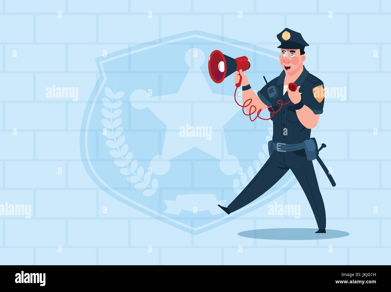 Polizisten halten Megaphon tragen einheitliche Cop Guard über Ziegel-Hintergrund Stock Vektor