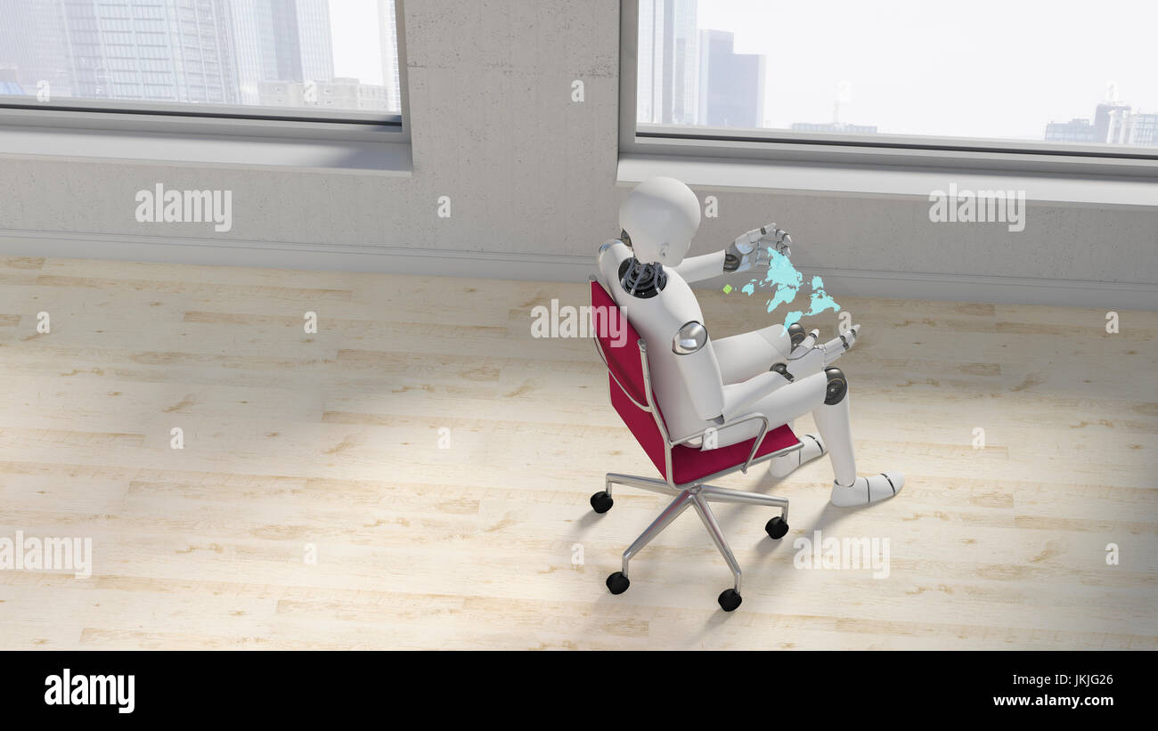 Roboter sitzen auf mit futuristischen tablet Bürostuhl, 3D-Rendering Stockfoto