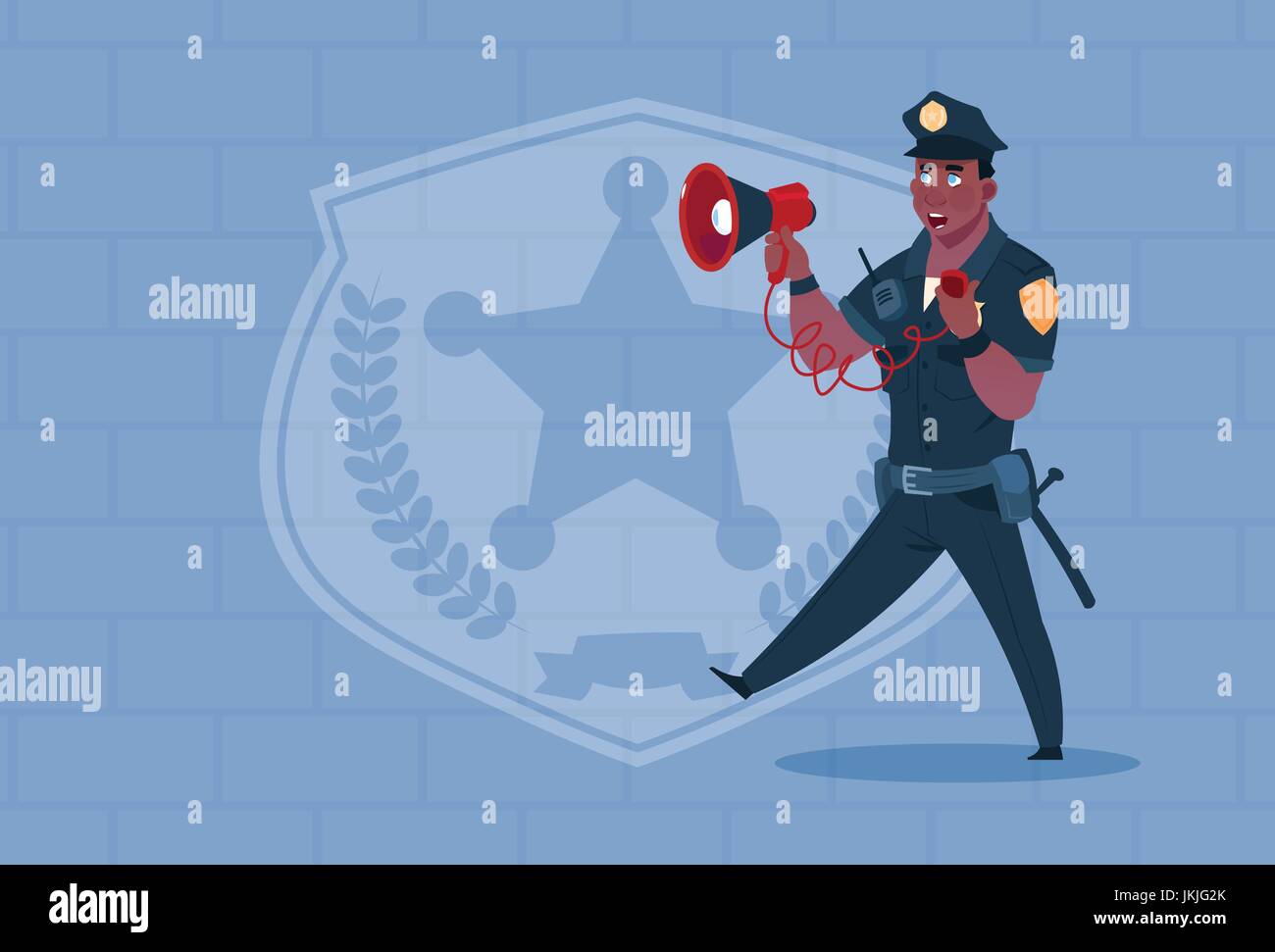 Afrikanische amerikanische Polizisten halten Megaphon tragen einheitliche Cop Guard über Ziegel-Hintergrund Stock Vektor