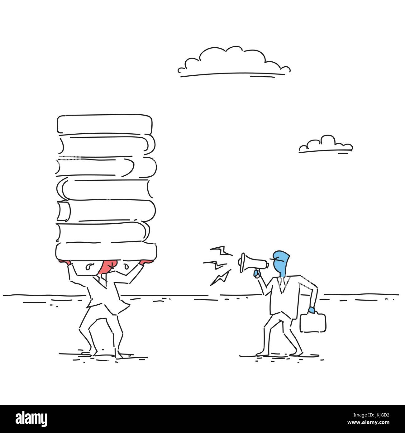 Geschäftsmann mit Megaphon auf Arbeiter Falten Stapel von Geschäftskonzept Druck Buch Chef schreien Stock Vektor