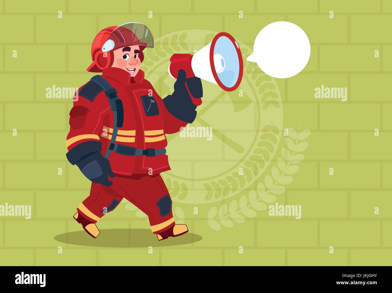 Feuerwehrmann In Megaphon sprechen tragen Uniform und Helm Erwachsene Feuerwehrmann über Ziegel-Hintergrund Stock Vektor