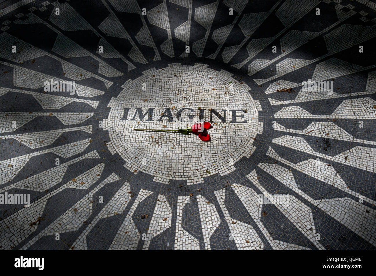 einzelne rote rose auf dem Imagine-Mosaik gewidmet John Lennon im Central Park New York City, USA Stockfoto
