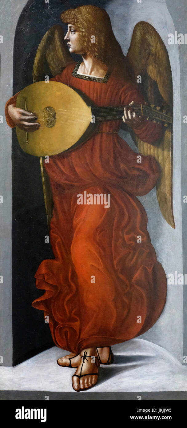 Ein Engel in rot mit einer Laute, ca. 1495 - Giovanni Ambrogio de Predis Stockfoto