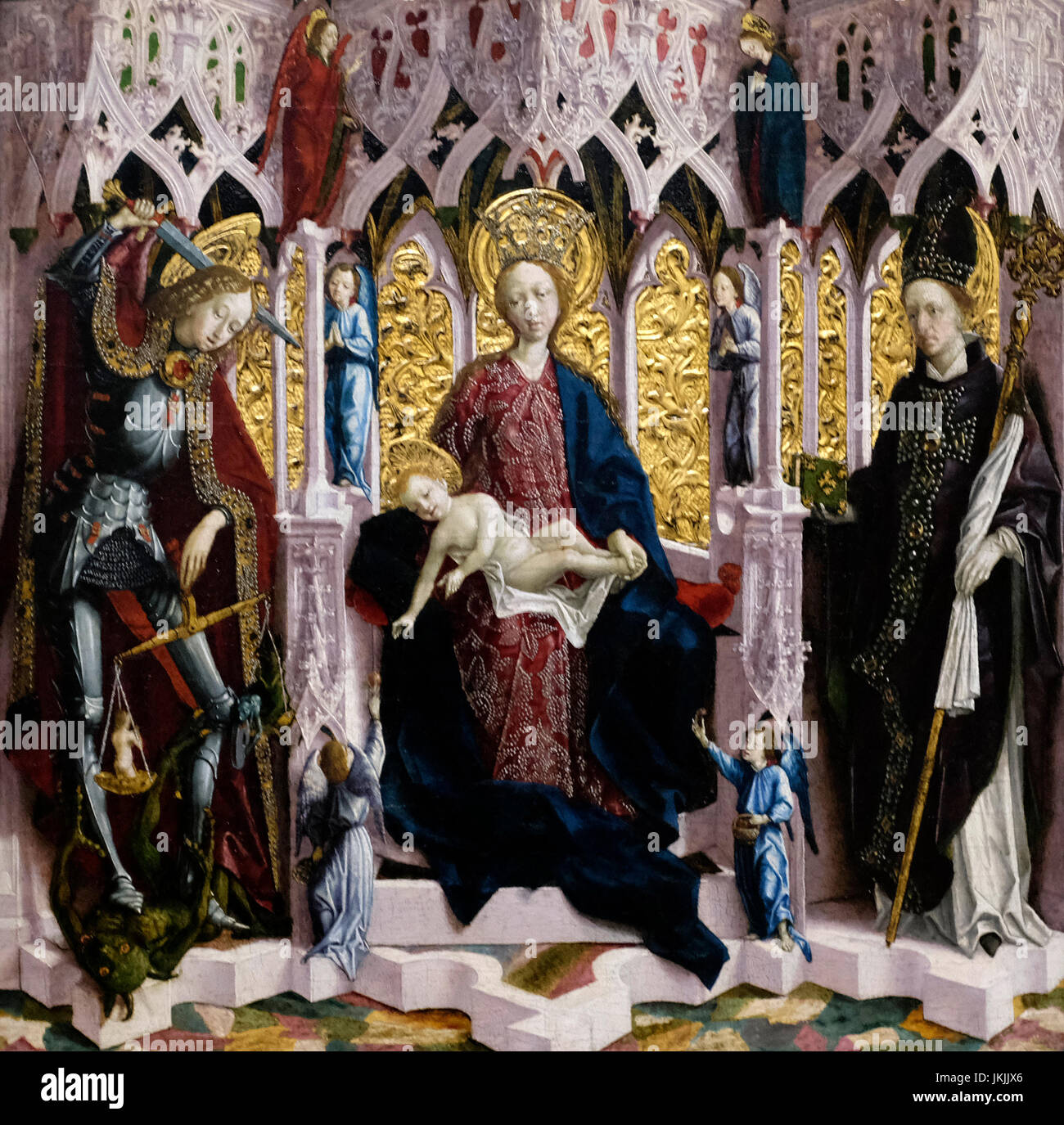 Jungfrau und Kind mit Engeln und Heiligen, ca. 1475 - wahrscheinlich von Michael Pacher inthronisiert Stockfoto