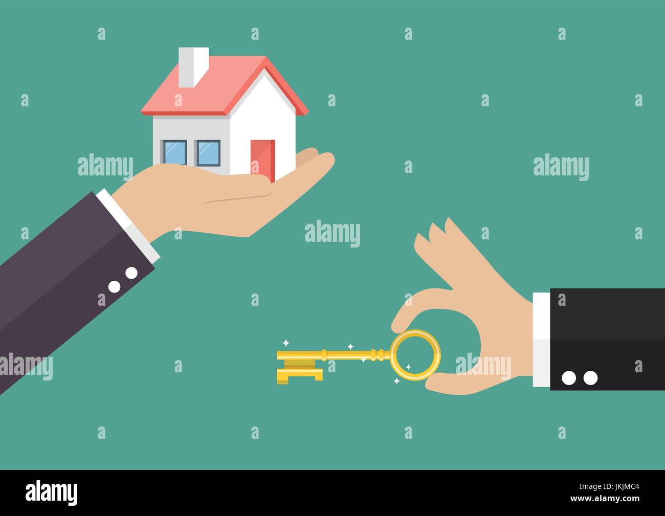 Hände mit Haus und Hände mit Schlüssel. Vektor-illustration Stock Vektor