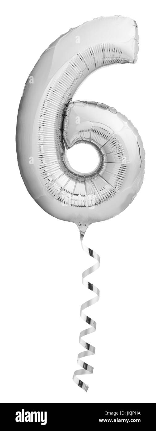 Silber metallic Nr. 6 machte sechs aufblasbaren Ballon isoliert auf weißem Hintergrund Stockfoto