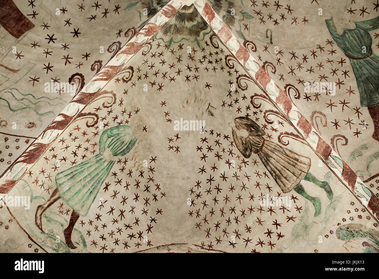 Dänische mittelalterlichen religiösen Fresken aus dem 12. Jahrhundert im romanischen Stil Kvaerkeby Kirche bildlich darstellen (L) Kain und Abel in einem ca. Jahr 1500 Schmerz Stockfoto