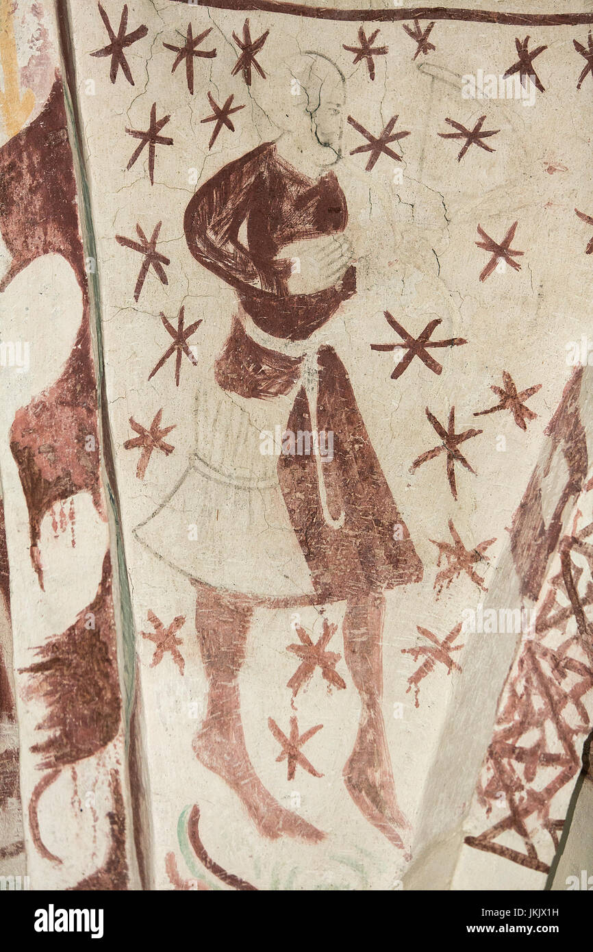 Dänischen mittelalterlichen religiösen Fresko in aus dem 12. Jahrhundert im romanischen Stil Kvaerkeby Kirche, ein Bauer, der ein Feld Samen darstellen.  Analyse-indica Stockfoto