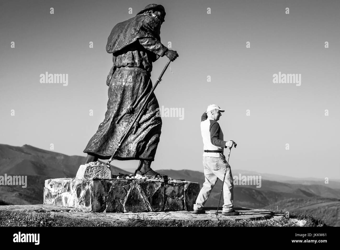 Pilgrim Statue in San Roque Hill, Galizien, Spanien. Camino de Santiago. Stockfoto
