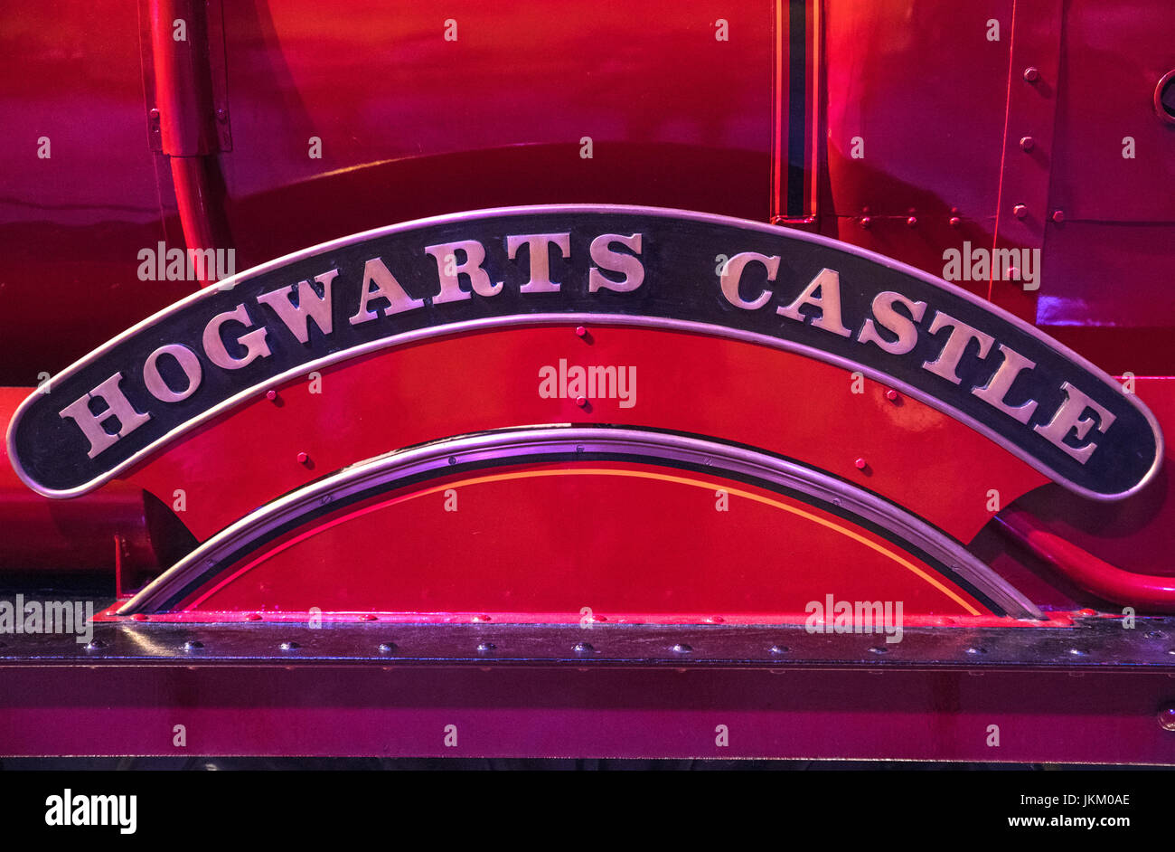 LEAVESDEN, UK - 19. Juni 2017: Das Ziel Schild an der Hogwarts-Express bei der Herstellung von Harry Potter Studio Tour bei Warner Bros. Studi Stockfoto