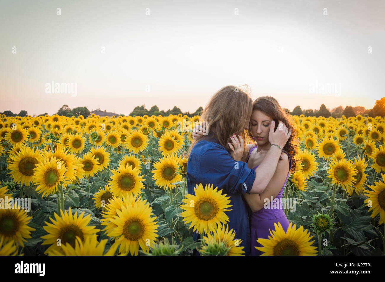 Junge glücklich und romantische kaukasischen paar Sonnenblumen Feld Stockfoto