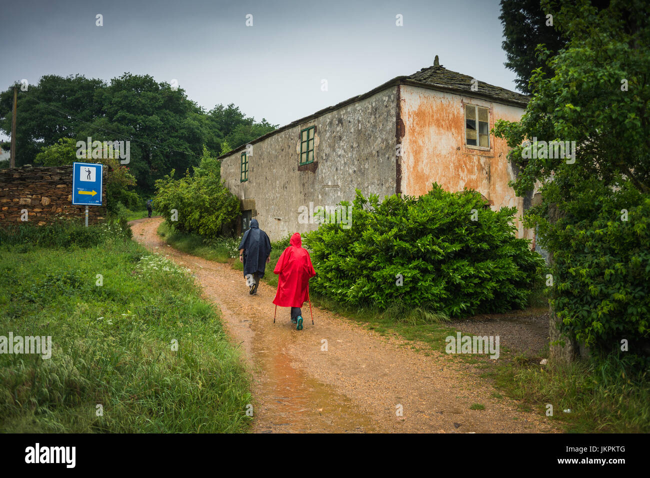 Pilger wandern Camino de Santiago im Regen auf dem Weg von Portomarin nach Palas de Rei, Spanien, Europa. Camino de Santiago. Stockfoto