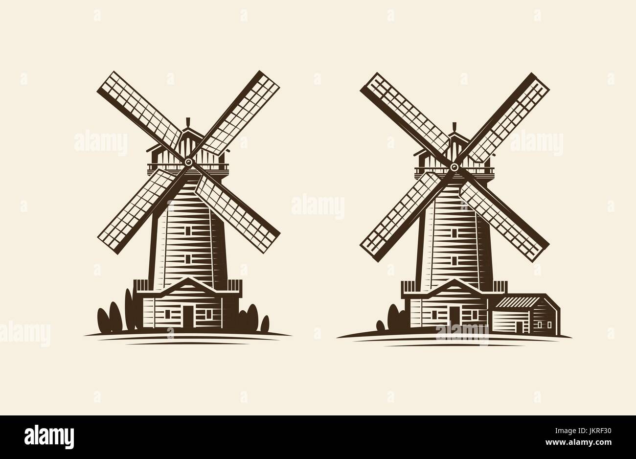 Alte hölzerne Mühle, Windmühle Logo oder Label. Landwirtschaft, Landwirtschaft, Agrar-Industrie-Symbol. Vintage Vektor-illustration Stock Vektor
