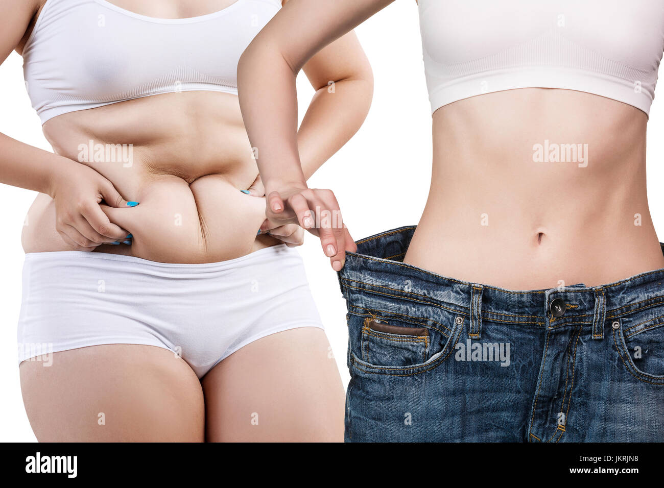 Die Körper der Frau vor und nach der Gewichtsabnahme. Stockfoto