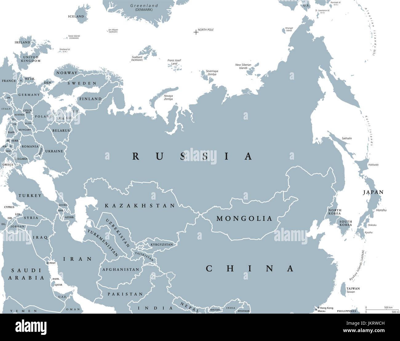 Eurasia politische Karte mit den Ländern und Grenzen. Kombinierte kontinentalen Landmasse Europas und Asiens befindet sich im nördlichen und östlichen Hemisphäre. Stockfoto