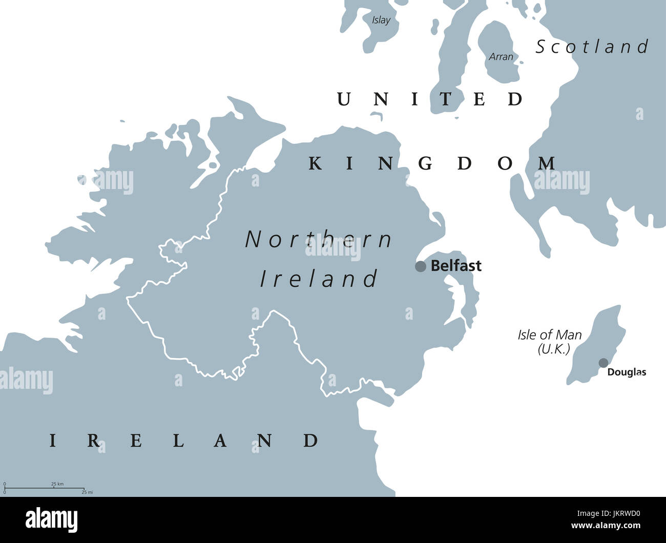 Nordirland politische Karte mit Hauptstadt Belfast. Land des Vereinigten Königreichs im Nordosten der Insel Irland. Graue Abbildung. Stockfoto