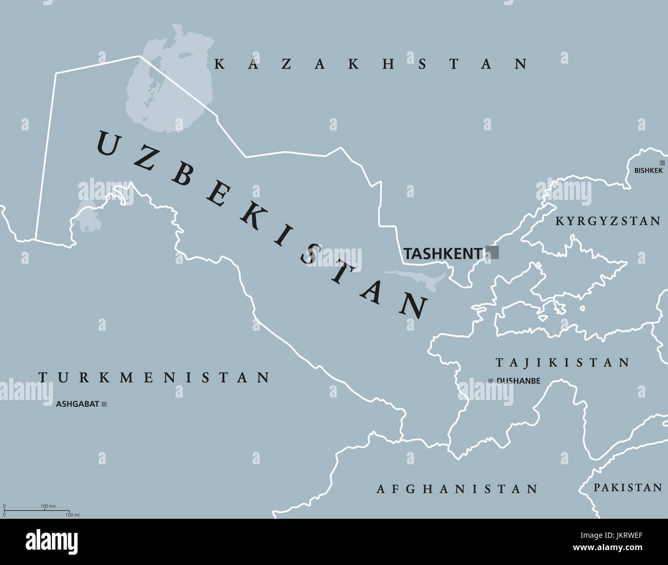 Politische Landkarte Usbekistan mit Hauptstadt Taschkent und Ländergrenzen hinweg. Republik und Binnenstaat in Zentralasien. Graue Abbildung. Stockfoto